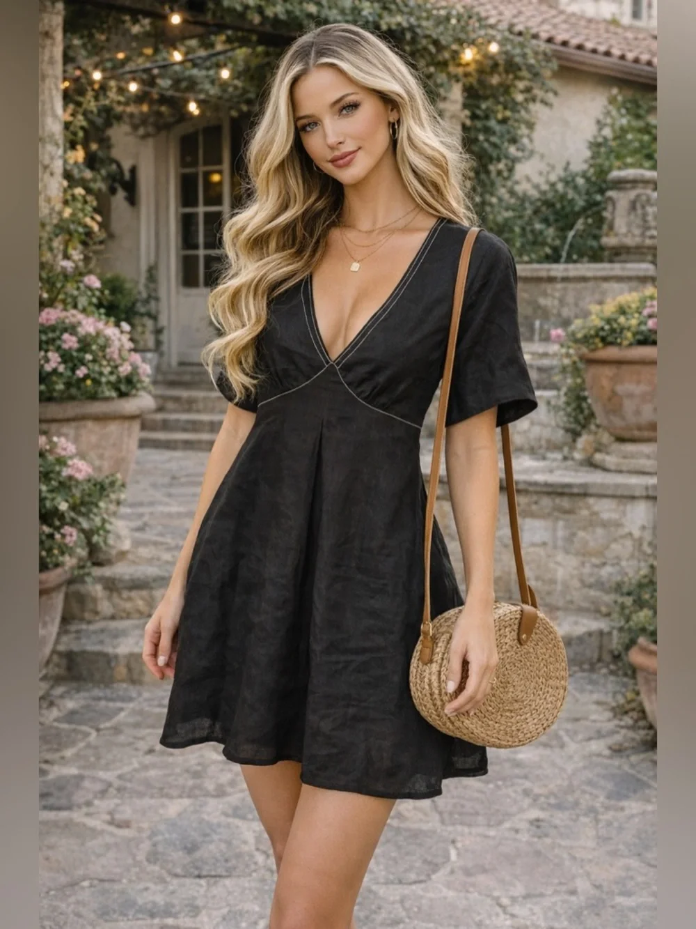 DISSH Black Linen Mini Dress V-Neck Short Sleeve Flowy Size US 6 - Picture 1 of 5